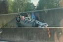 A car flipped on to its roof after a crash on the A47