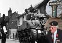 A tank rumbles through an English town on its way to embark for Normandy, in June 1944 and (inset) Lance Corporal Cyril “Lou” Bird, who crashed his tank into the post office in Swaffham