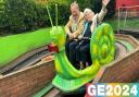 Ann Widdecombe and Reform candidate Rupert Lowe during a ride on the snails in Great Yarmouth