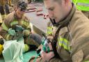 Firefighters administering oxygen to the puppies