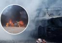 Images have been released showing large flames and black smoke coming from two cars in a town car park