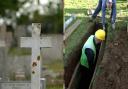 Karl Harper has been digging graves for Sheringham Town Council for 17 years (Image: A gravestone at Sheringham Cemetery (L) and a generic image of gravediggers at work (R))