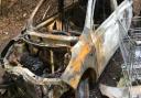 A burnt out vehicle was found in a woodland area