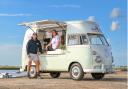 Justyn Goff and Sam Bishop in their split-screen ice cream van