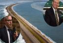 MP James Wild, left, Ian Devereux and an artist's impression of the Wash barrage