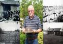 Dennis O'Callaghan, son of one of the two who survived the massacre, holds the helmet recovered from a French barn, with a picture of the surrender, the soldiers' graves and the farm where the atrocity took place