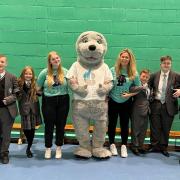 Students with the school mascot, Diana Awards trainers and principal Ben Driver