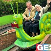 Ann Widdecombe and Reform candidate Rupert Lowe during a ride on the snails in Great Yarmouth
