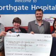Peter Dewar (second from right) presents more than £1,500 to Northgate Hospital, Also pictured (l to r) are John Bingham, matron; Sarah Heales, charge nurse, and Donna Parkin, deputy business support manager.