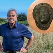 Mike Walsh, with (inset) the Roman coin and horse boss found on his land
