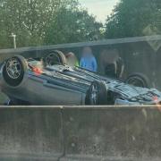 A car flipped on to its roof after a crash on the A47