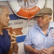 Chef Phil Vickery buys Cromer crab from John Davies of Davies Fish Shop