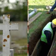 Karl Harper has been digging graves for Sheringham Town Council for 17 years (Image: A gravestone at Sheringham Cemetery (L) and a generic image of gravediggers at work (R))