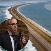 MP James Wild, left, Ian Devereux and an artist's impression of the Wash barrage