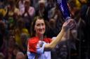 Julie Forrest lifts the trophy as she celebrates winning the women's singles final at the World Indoor Bowls Championships at Potters Resort Picture: DENISE BRADLEY