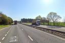 Traffic is being held on the A14 near Newmarket after a lorry collided with the central reservation.