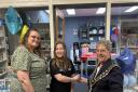 Crafting Treasures owner Tanya Hill, helper Daisy and Royal Wootton Bassett mayor Patricia Farrow