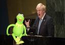 Boris Johnson speaks to the UN General Assembly in New York this week. Inset: Kermit.