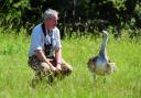 Ed Pope, founder of the Watatunga Wildlife Reserve, with a great bustard