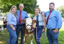 Royal Norfolk Show livestock competitors, from left, Fiona Searle, Jim McMillan, Helen Searle, and Marcus Searle with a calf from the prize-winning Guiltcross Simmentals herd in Kenninghall