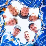 The Brady Bunch -  King's Lynn Stars 2022 (from bottom left): Richie Worrall, Jake Mulford, Thomas Jorgensen, Jack Thomas, Lewis Kerr, Josh Pickering and manager Alex Brady