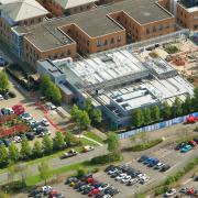 Aerial photograph showing building work at the Norfolk and Norwich University Hospital