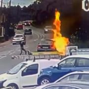The speed camera beside the A10 bursts into flames after being set alight