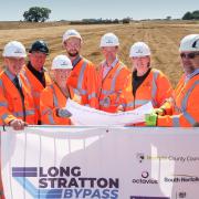 Council leaders on the route of the new bypass currently under construction in Long Stratton