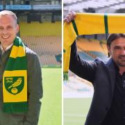 Johannes Hoff Thorup and Daniel Farke at their respective unveilings as Norwich City head coach