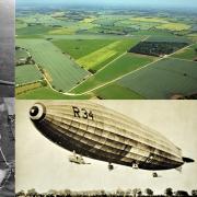 Clockwise from top left,  a Flying Fortress, a modern day view of RAF Fersfield, an airship at Pulham St Mary and a 1946 view of Fersfield