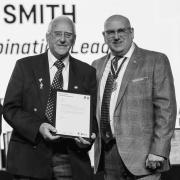 Jack Smith (left) is pictured with Norfolk FA Chairman, Michael Banham receiving an award in recognition of his 15 years' service to the Anglian Combination League at the Norfolk FA Volunteer Awards in 2023