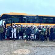 Norfolk farmers ready to board the bus at Manor Farm in Bradenham before heading to London for the protest. Picture: Chris Hill