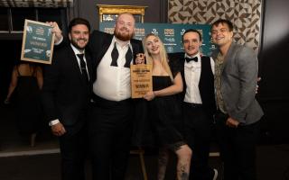 Left to right: Alex Clare (judge) with Edd Watkinson, Ria Fallon-Gleeson, Gus Crocker-Mason and Alfie Coe of The Bodega  at the Norfolk Food & Drink Awards 2024