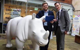 Adam Claydon, left, and Jake Roode, of Loveday & Partners, sponsors of the rhino GoGo Safari sculpture, at the event to choose their artist and design.